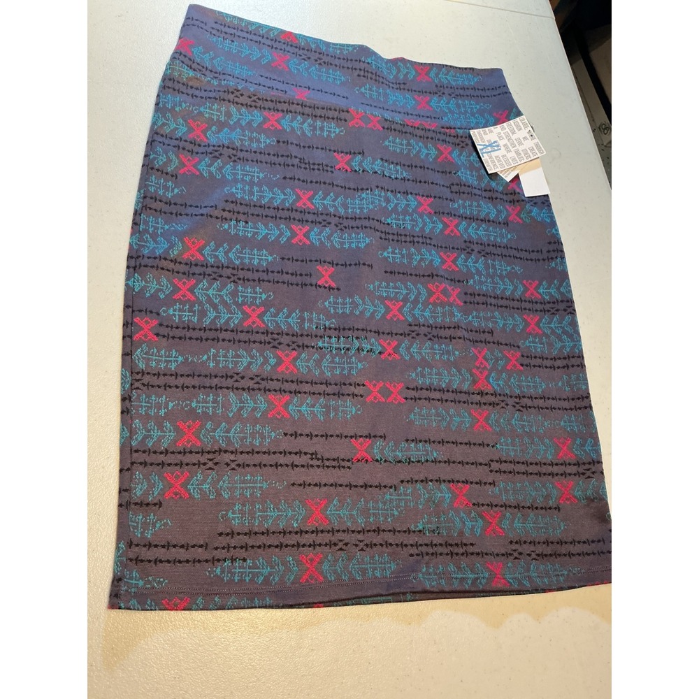 LuLaRoe Cassie Pencil Skirt XL Gray Pink Teal‎ Geometric Tribal Print NWT